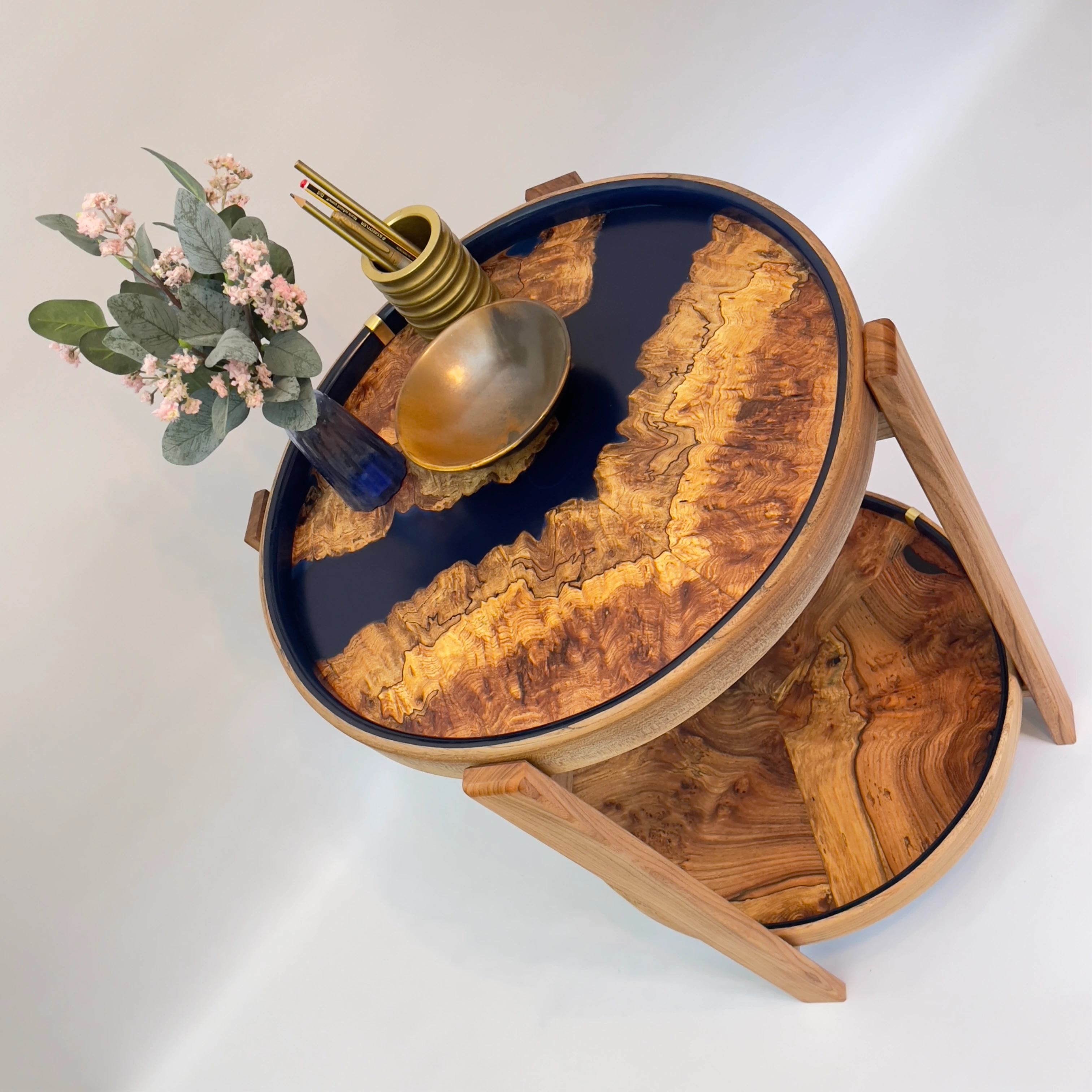 Round butler table - burr elm and blue resin detail