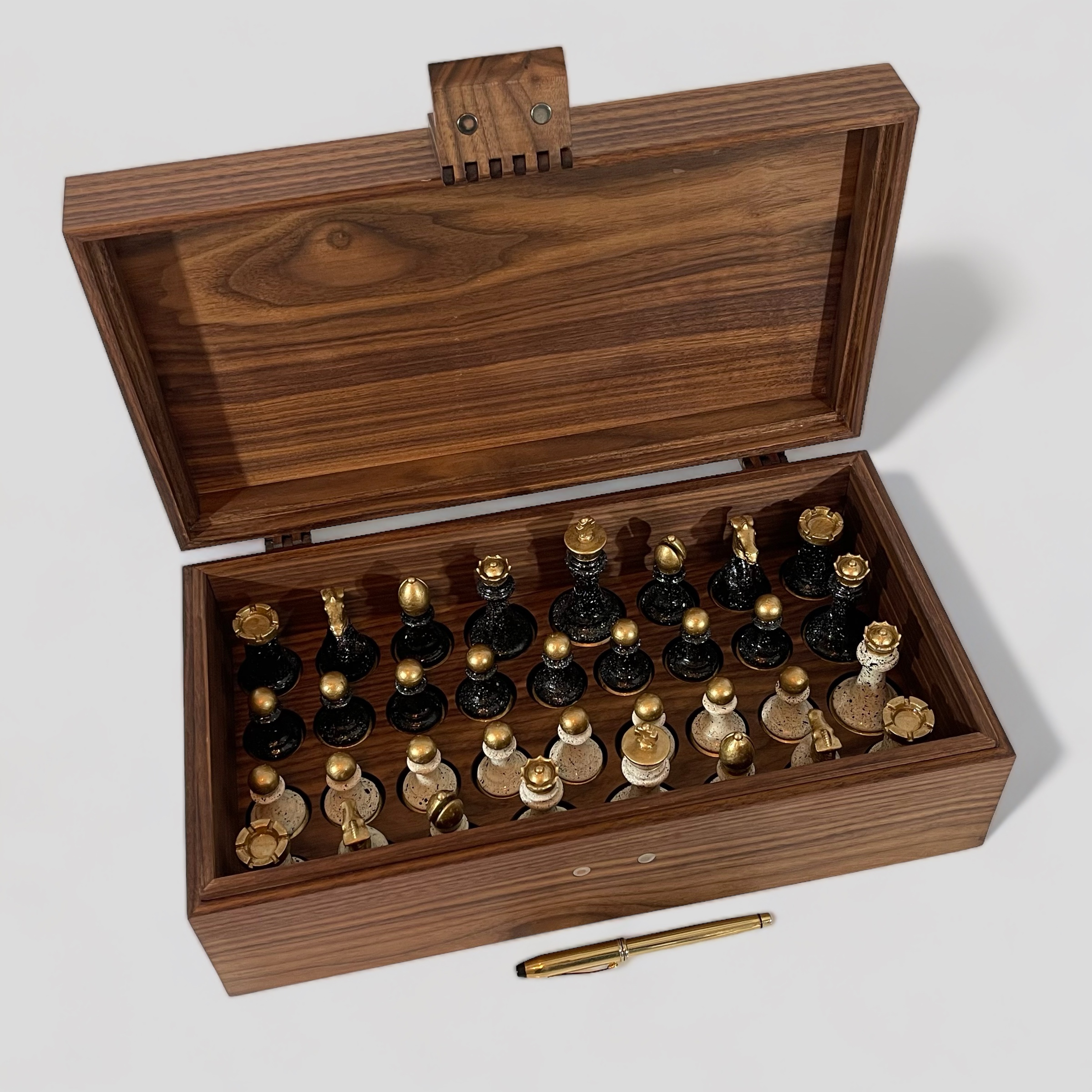 Walnut chess box and pieces