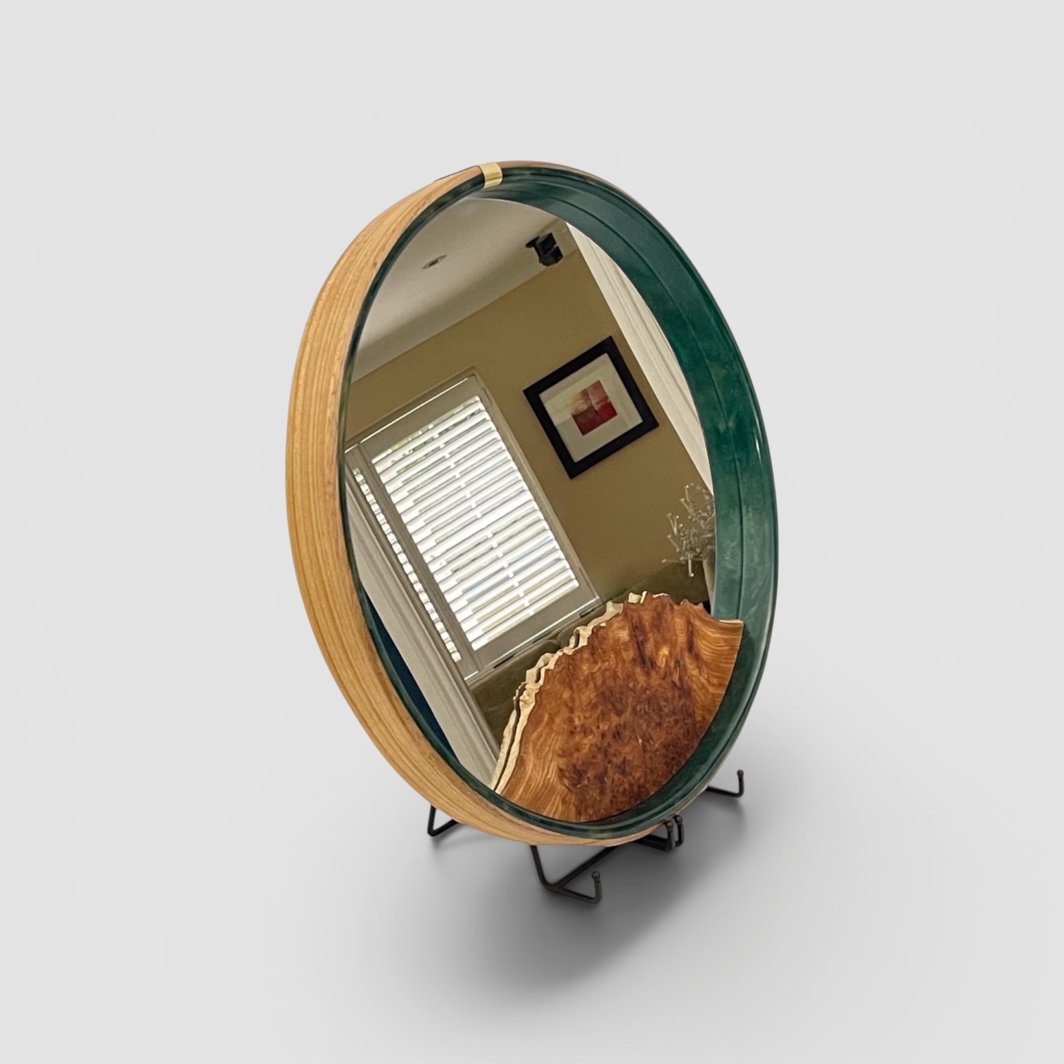 Round steam bent elm wood and resin mirror