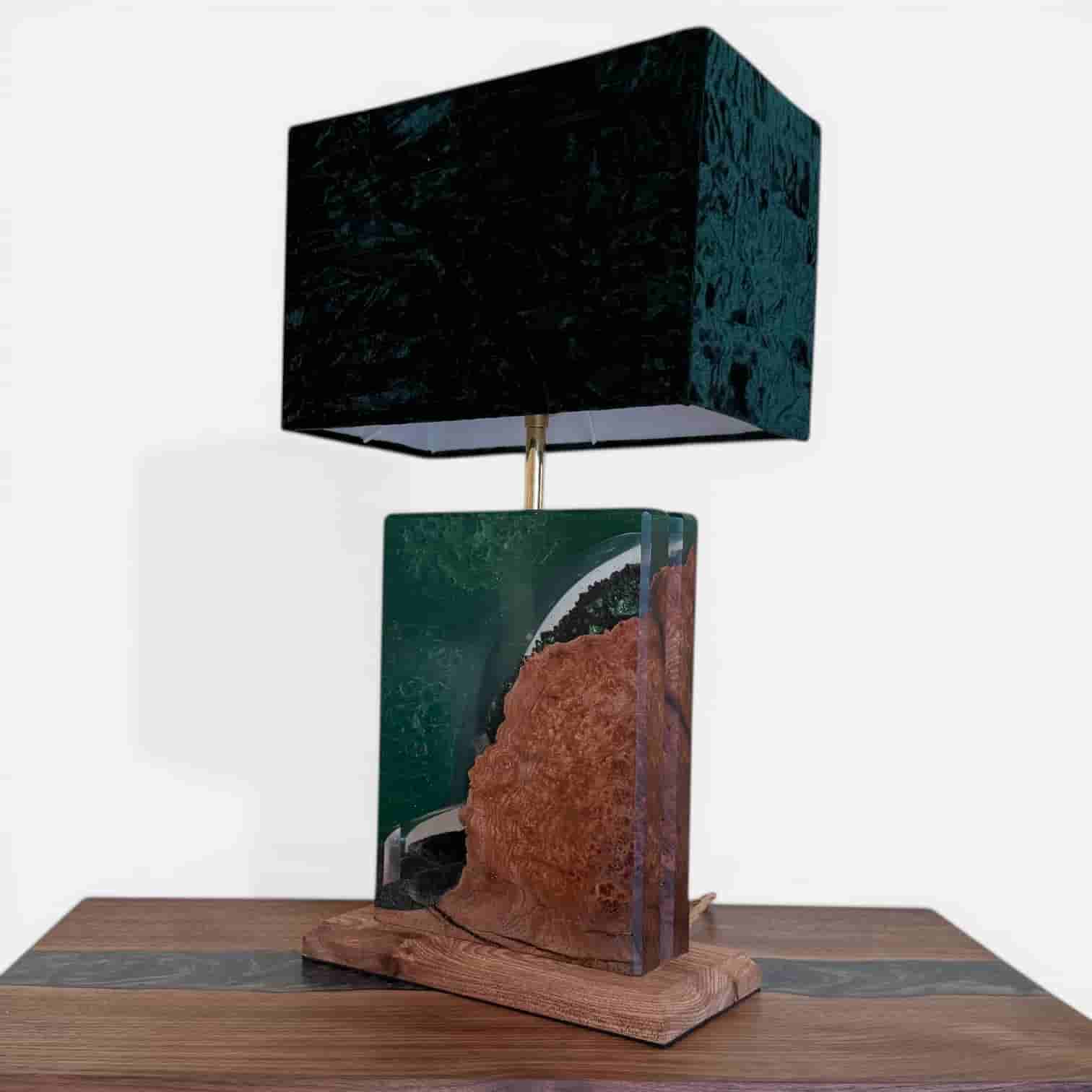 Burr elm table lamp with green resin