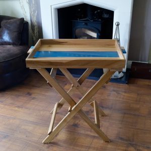 Blue resin and elm side table