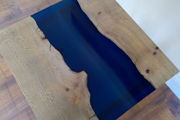 Square lamp table top made from elm and polished epoxy resin