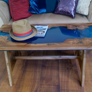 Burr elm and blue resin coffee table on solid elm A frame legs