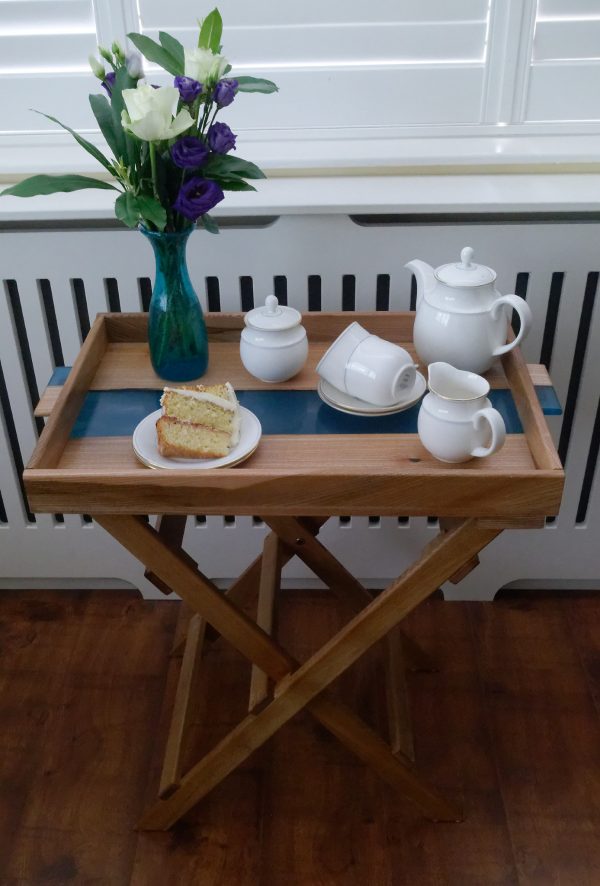 Side Table with Removable Tray with Flowers, Tea Set and Sponge Cake