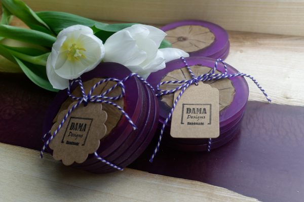 Ash and Purple Resin Coaster Set with Flowers