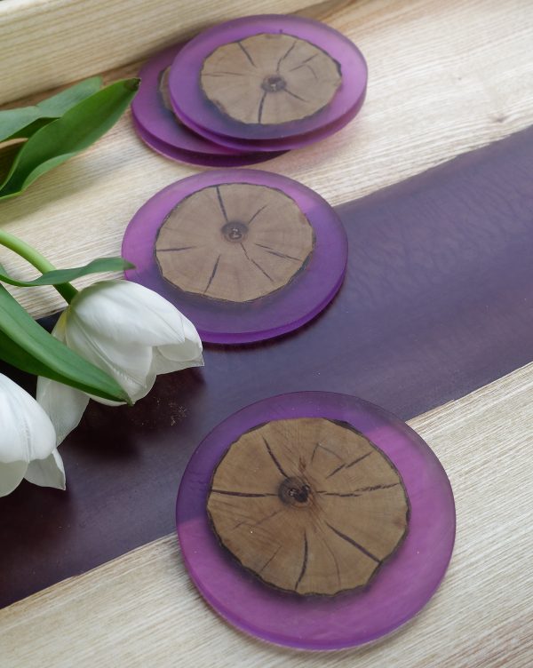 Four Ash and Resin Purple Coasters with Flowers