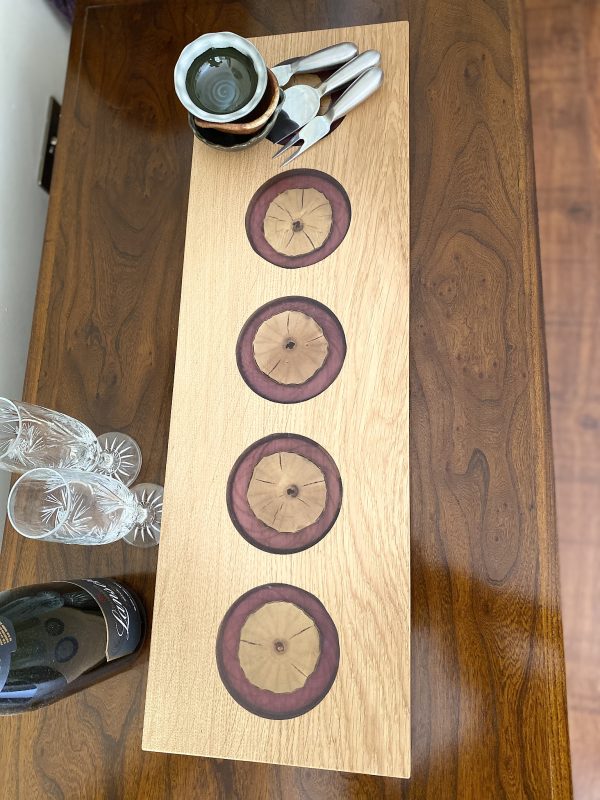 Birdseye view of Oak Charcuterie Board with Ash and Purple Resin inserts