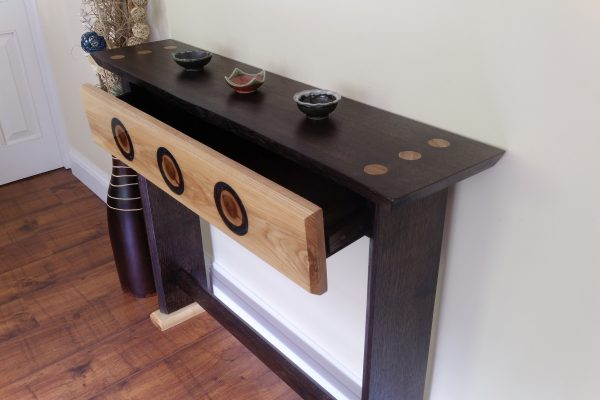 Solid Oak and Ash Console Table showing open draw
