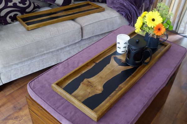 Elm and Resin 'Book Matched' Ottoman Tray with Flowers
