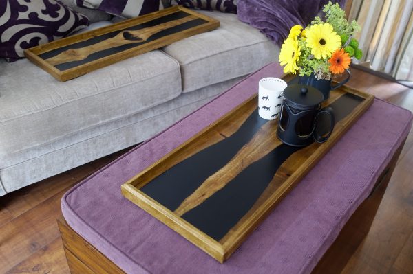 Elm and Resin 'Book Matched' Ottoman Tray with Flowers and Coffee