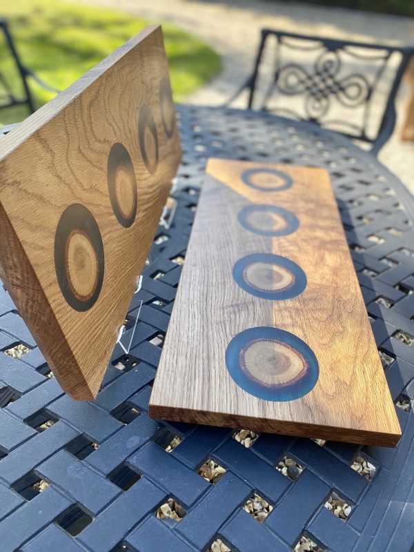 Two Oak Charcuterie Serving Boards on outside table