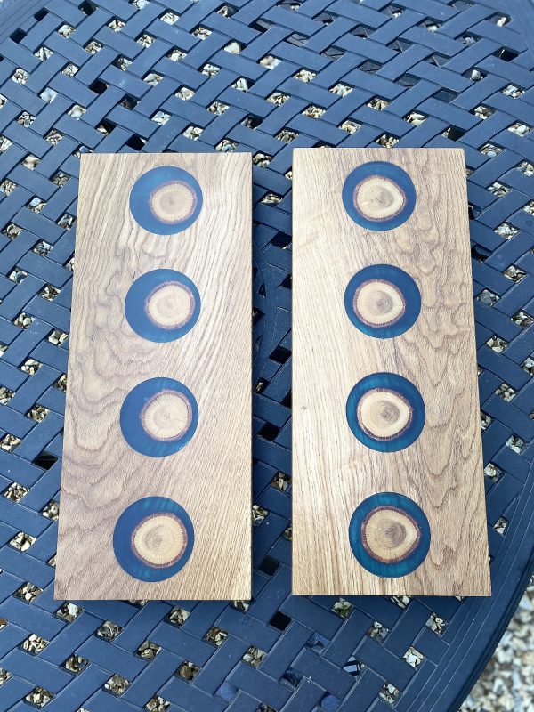 Birds Eye View of two Brown Oak Charcuterie Serving Boards on outside table