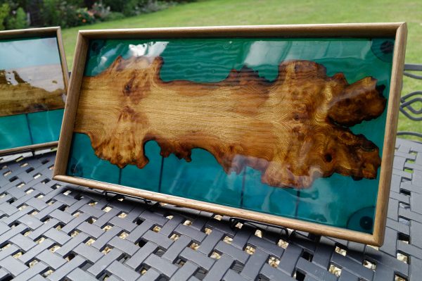Outside Photo of Ottoman Tray made from Elm and Blue Resin