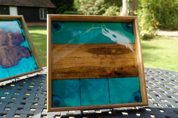 Square Tray made from Elm and Blue Resin shot outdoors