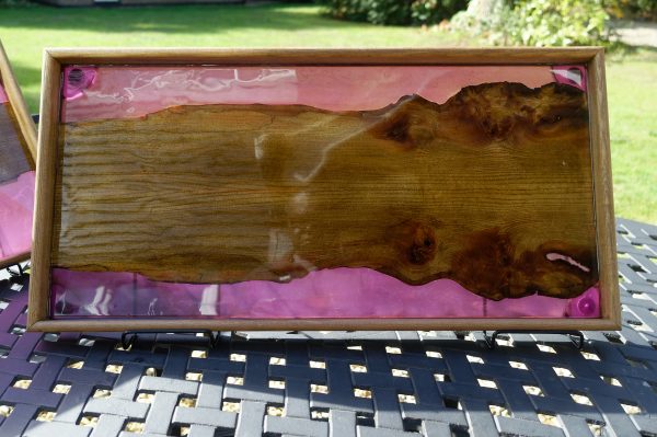 Elm Ottoman Tray showing wood grain Burrs and Purple Resin