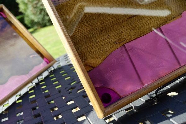 Corner Detail of Square Tray made from Elm and Purple Resin