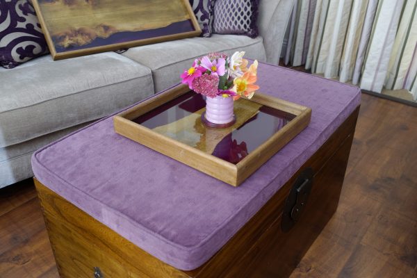 Square Tray made from Elm and Purple Resin with Flowers on Box Seat