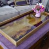 Burr Elm Ottoman Tray with Purple Resin and Flowers