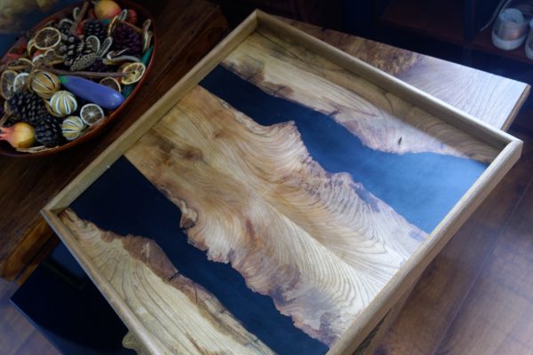 Aerial view of large ottoman tray made from elm nd resin