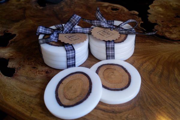 White Coasters with Oak Insets on Table