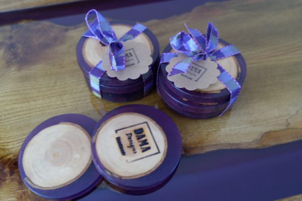 Purple Resin Coasters with Ash Insets on Tray