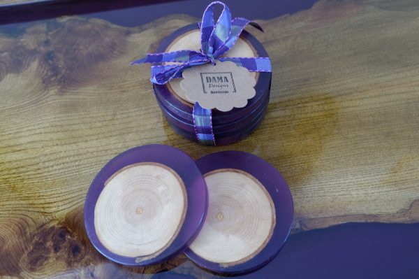 Purple Resin Coasters with Ash Insets on Tray