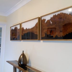 Elm and Black and White Resin Triptych on Wall
