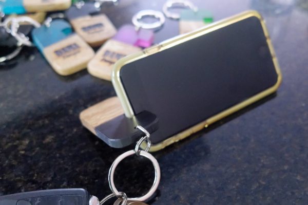 Oak and Black Resin Phone Stand Keyring with Phone attached