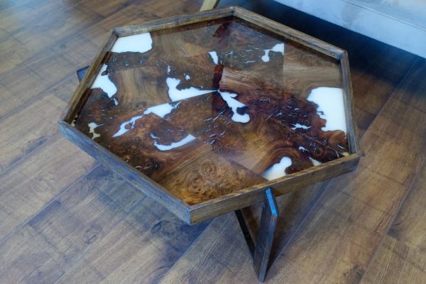 Aerial View of Hexagonal Table in Elm and White Resin