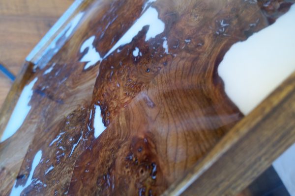 Close up detail of Burr Elm and Resin Tray
