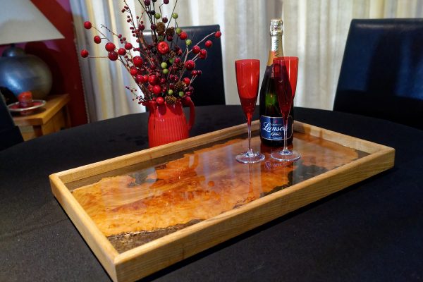 Burr Elm Ottoman Tray with Bronze Resin and Champaign Glasses