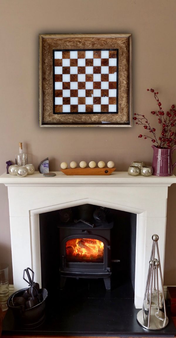 Wall Art Checkers Board over Fireplace with Real Fire