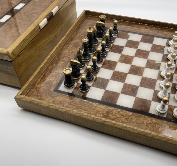 Chess Box with Next to Board and Hand Painted Pieces