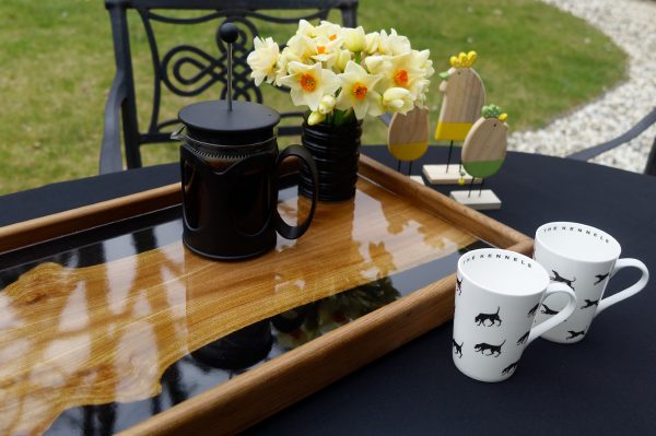 Black Resin and Scottish Elm Tray with Daffodils and Cafetiere