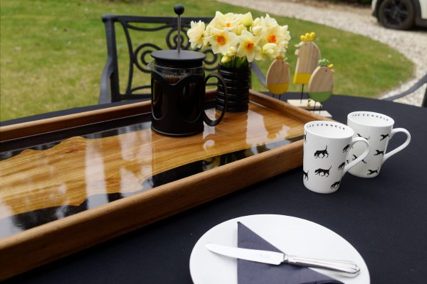 Black Resin and Scottish Elm Tray with Daffodils and Cafetiere