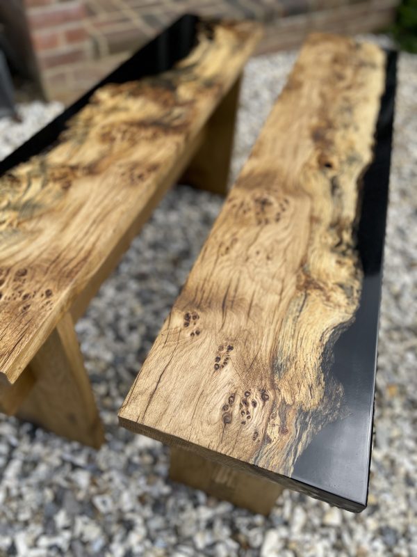 Close up of bench showing spalted oak seat