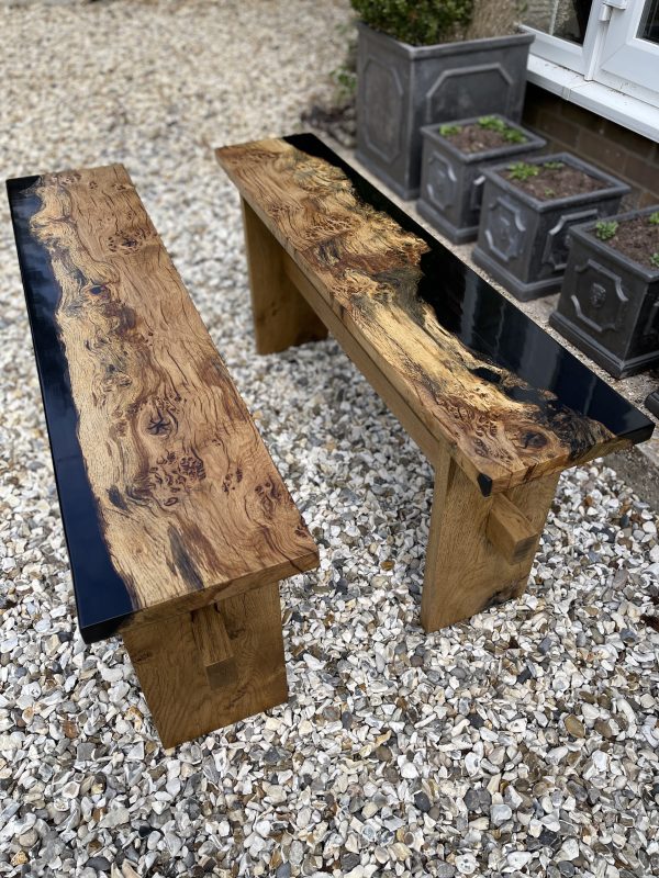 Pair of contemporary benches made from English oak and resin