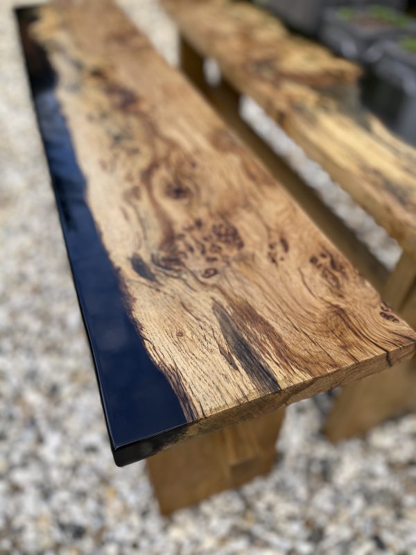 Oak and resin bench showing pip and spalting