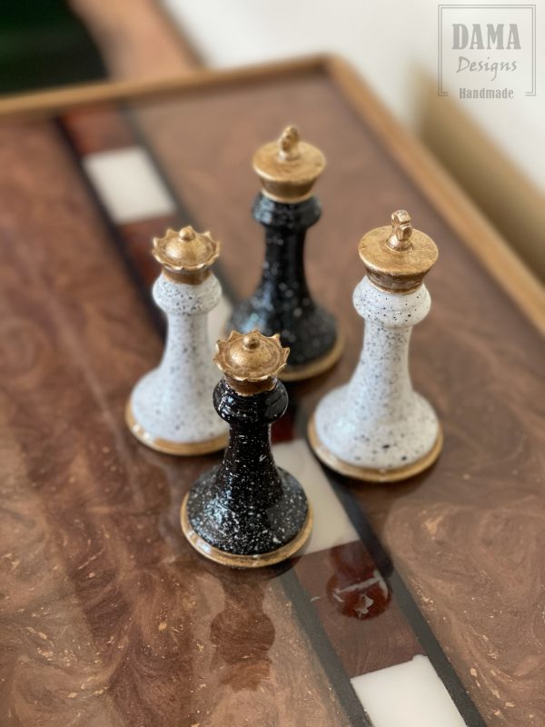 Close Up of DAMA Designs Chess Pieces with Elm Box