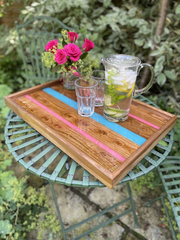 Elm Tray with Pink and Turquoise Resin with Flowers and Drinks