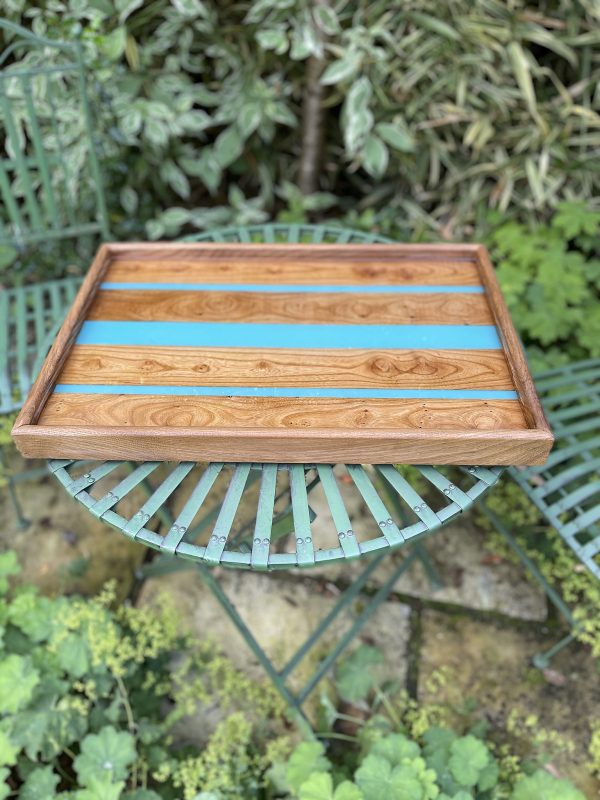 Elm and Turquoise Resin Tray on Garden Table
