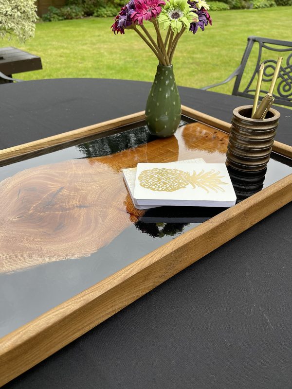 Elm and Black Resin Ottoman Tray on Outside Table