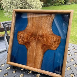 Elm and blue resin tray on outside table