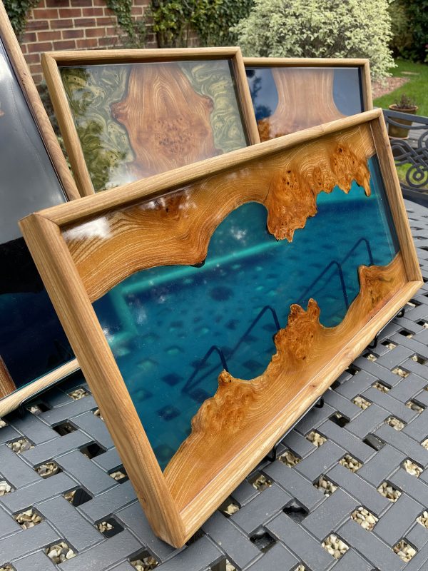 Blue river tray on outside table