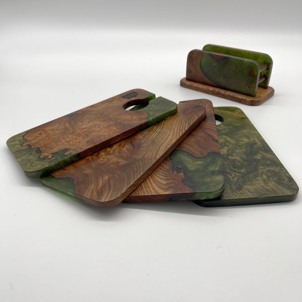 Set of elm and green resin canape boards