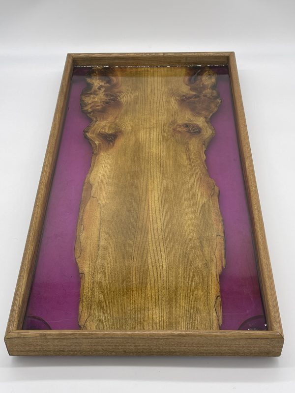 Book Matched Elm and Purple Resin Ottomann Tray on White Background