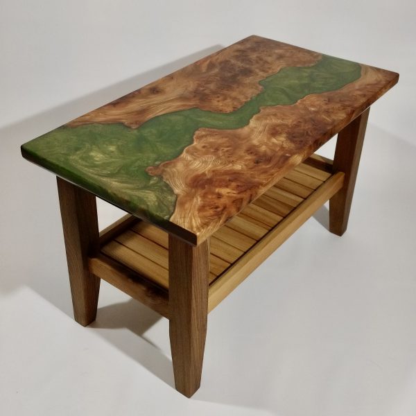 Side on View of Burr Elm Coffee table with green resin
