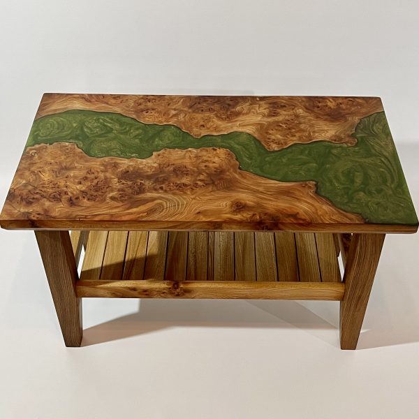 Aerial view of burr elm ocassional table with green and rosegold resin