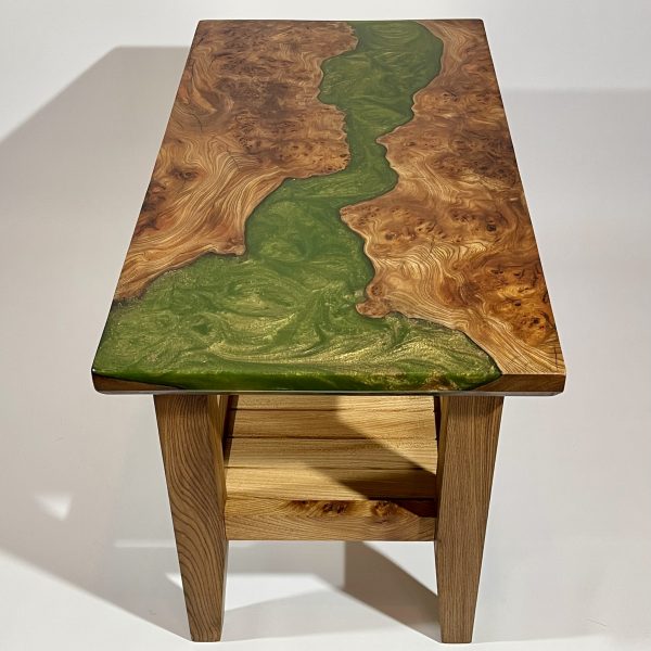 End View of Ocassional Table showing shelf and green resin swirls