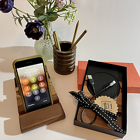 Walnut iPad and resin stand with inbuilt charger with box and cable